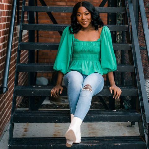 Green puff sleeve top from Lush Fashion Lounge women's boutique in Oklahoma City 