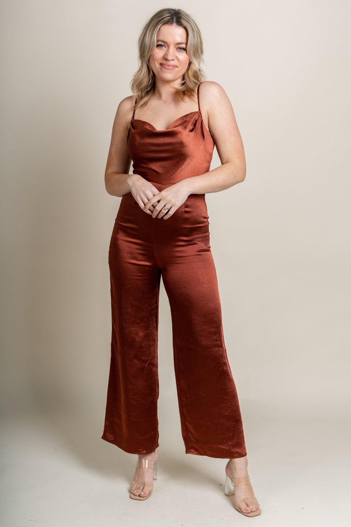 Satin High Neck Cowl Back Jumpsuit