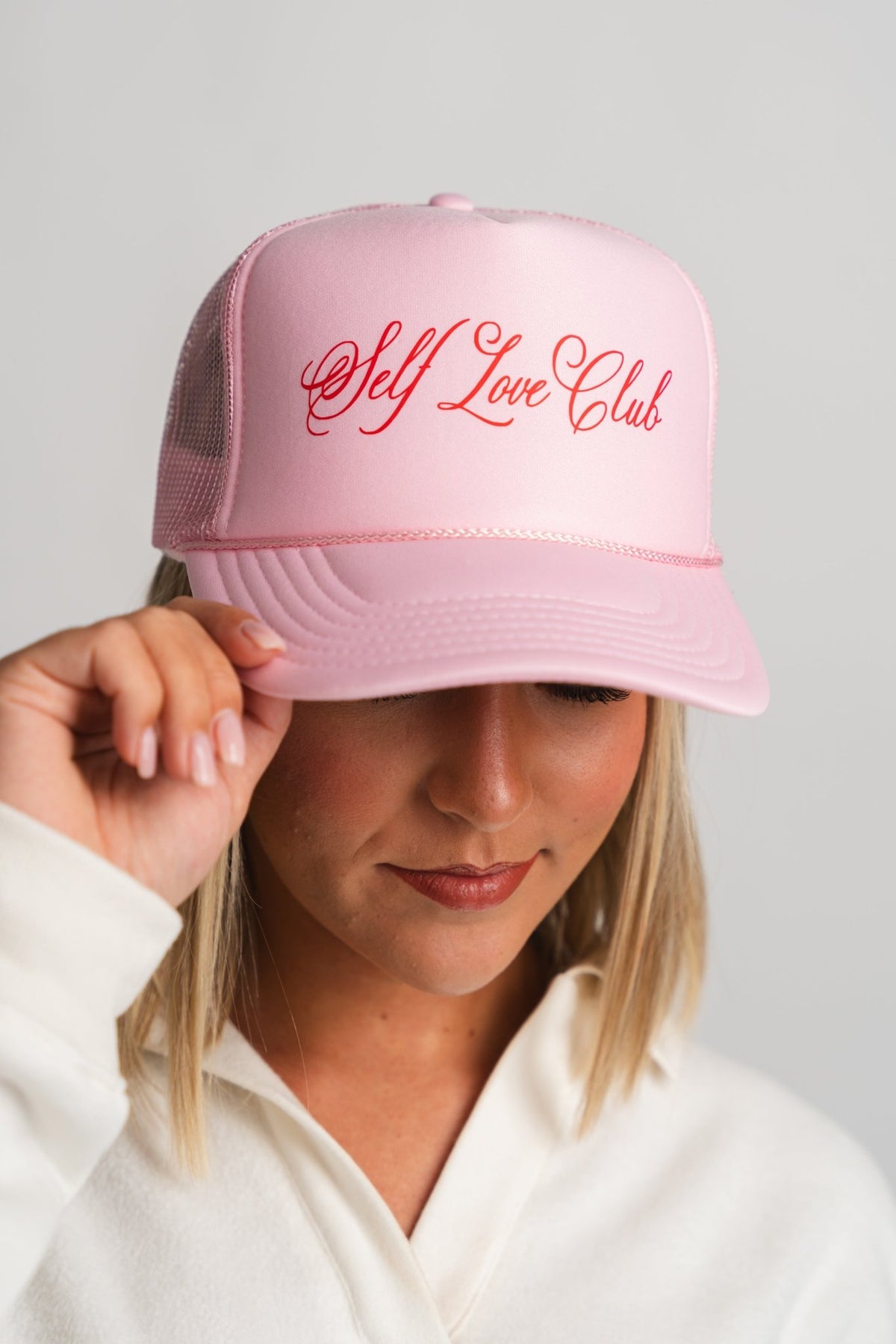 On my hot girl walk trucker hat light pink