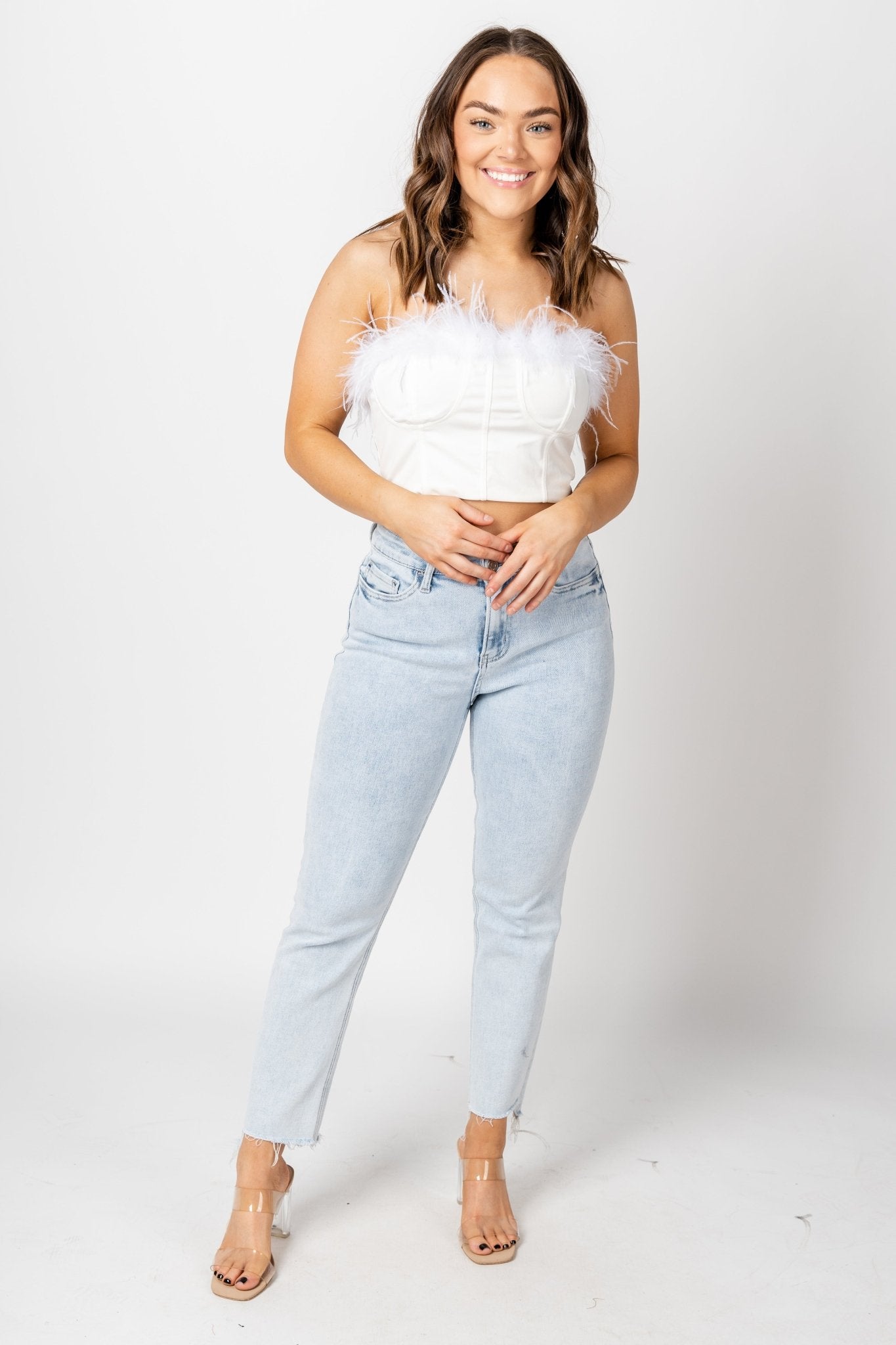 Feather trim bodysuit white  Cute bodysuits, Cute pants, Bodysuit