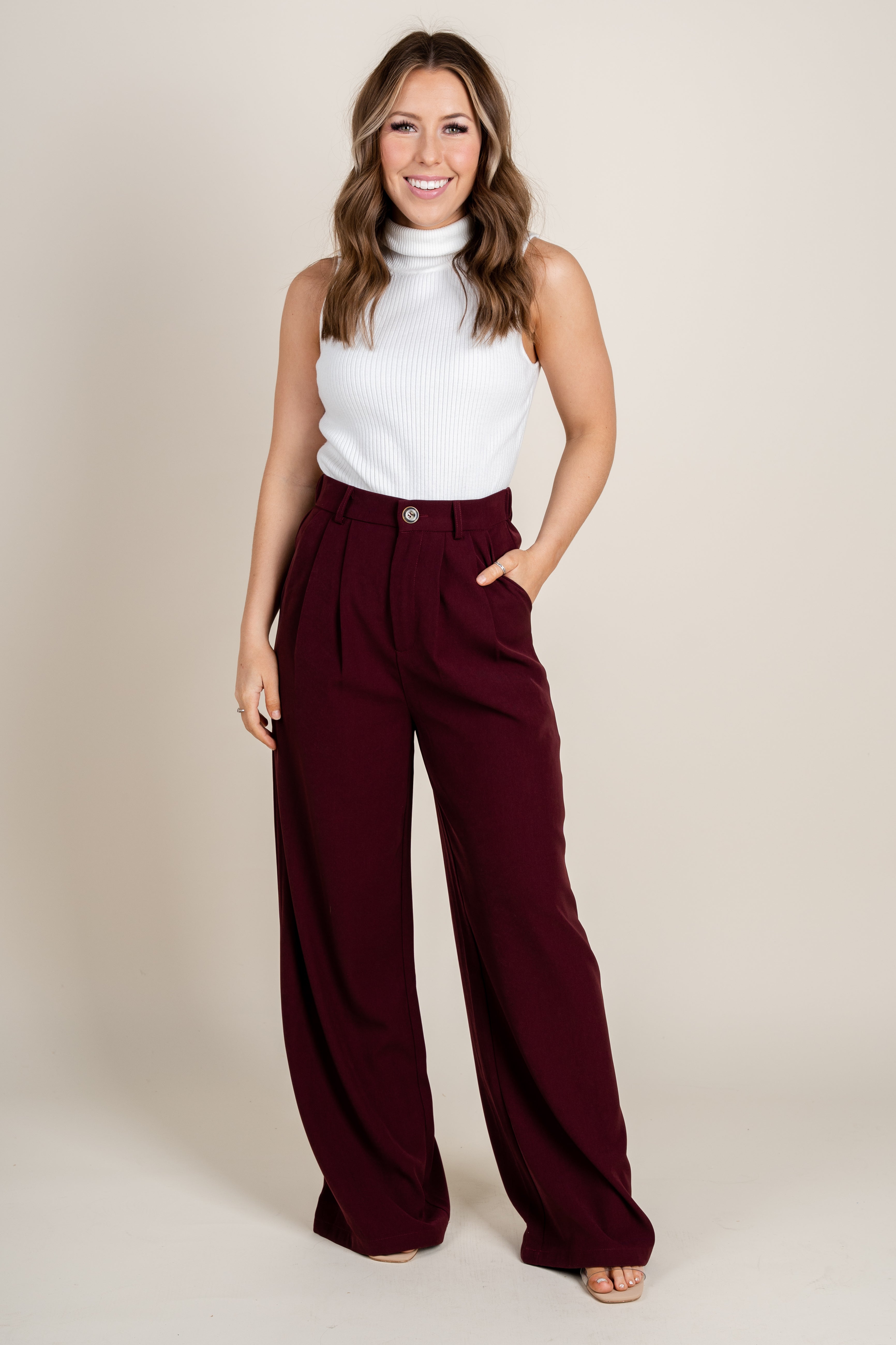 Pleated wide leg pants wine | Trendy Pants - Lush Fashion Lounge