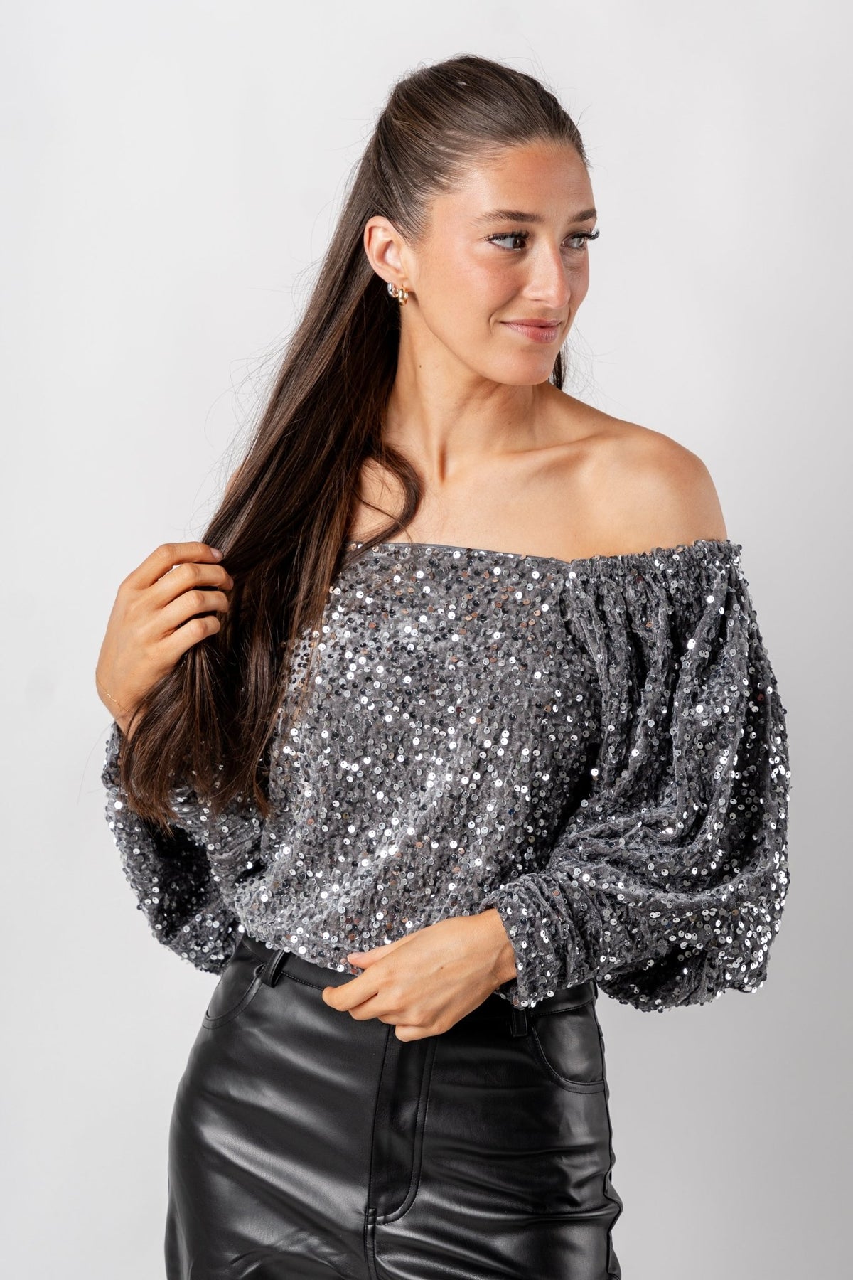 Tops, Velvet Sequin Long Sleeve Crop Top