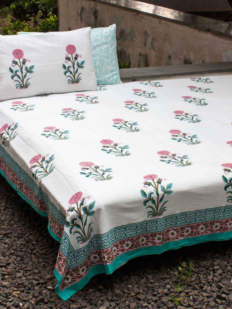 Indian Marigold Block Print Cotton Double Bed Sheet Set ...