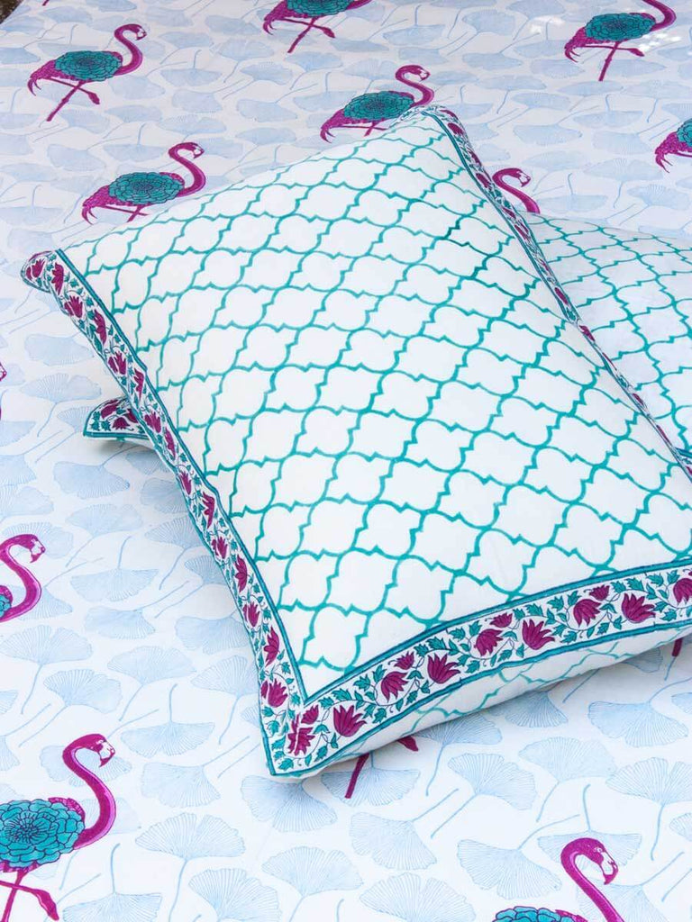 Flamingo Hand Block Print Cotton Bed Sheet Set With ...