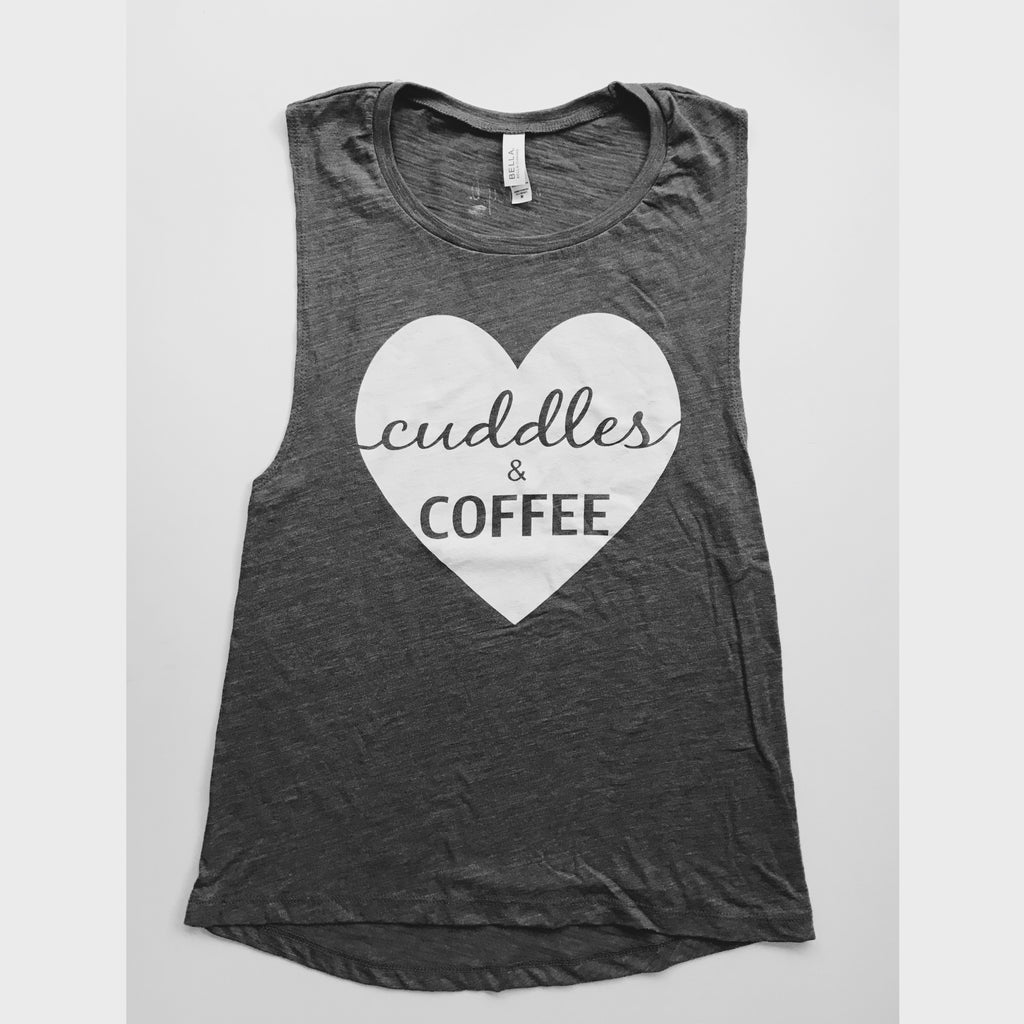 cuddles & coffee muscle tank in asphalt grey - everly b.