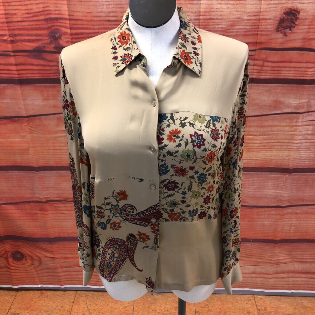 JOSEPHINE CHAUS TAN FLORAL SILK BLOUSE SIZE 14 TCC