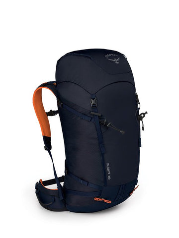 navy blue Osprey mountaineering backpack with orange straps 