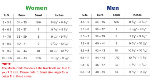 size chart for women sandals