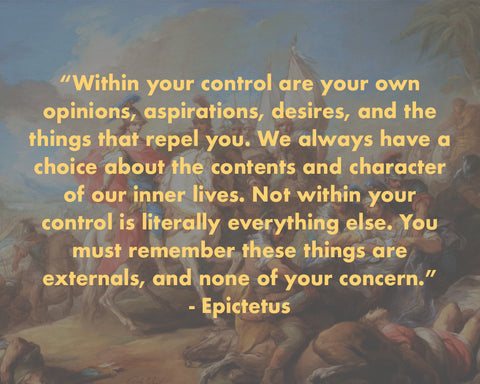 “Within your control are your own opinions, aspirations, desires, and the things that repel you. We always have a choice about the contents and character of our inner lives. Not within your control is literally everything else. You must remember these things are externals, and none of your concern.” ~Epictetus