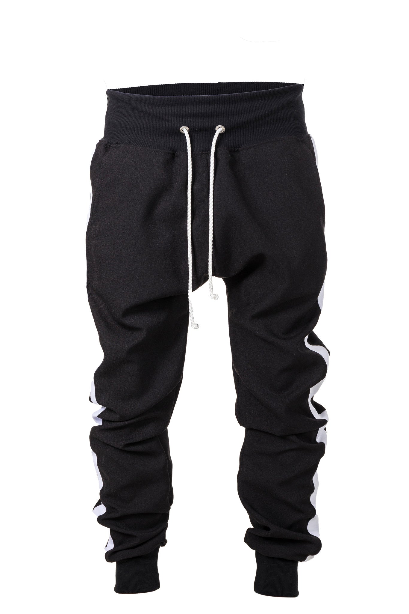 black track pants with white stripe