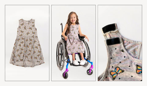 3 images of the naxios dress which is grey with velcro straps. A young girl is wearing the dress as she sits in her wheelchair.
