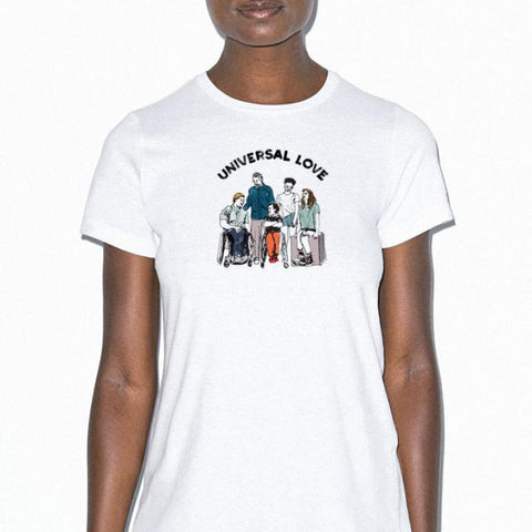 Fighting Chance Tee in white by EveryHuman worn by a woman standing in front of a white background.