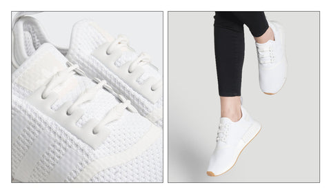  Left image is the lace section of white sneaker highlighting Glydes laces in white, an elasticised lace alternative without need to tie shoe. Right image is a person wearing glydez.