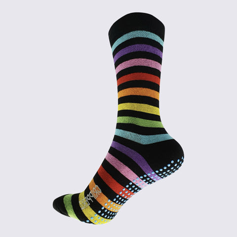 Gripperz Circulation Non-slip Sock in striped rainbow. Pictured from the instep & on a light grey background.