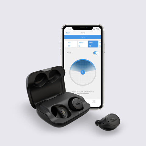 Wireless IQbuds2 MAX by Nuheara in black with one earbud displayed outside the charging case with a grey background.