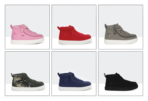 SINGLE SHOE wide high-top canvas sneakers in a variety of colours shown in a grid of six.