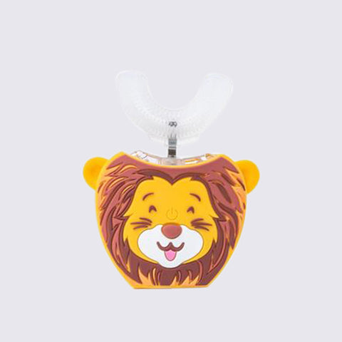 Leo the Lion toothbrush by Happi Brush centred on a grey background. 
