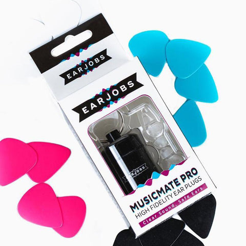 Earjobs MusicMate PRO High Fidelity Music Ear Plugs in packaging on white background surrounded by guitar pics.