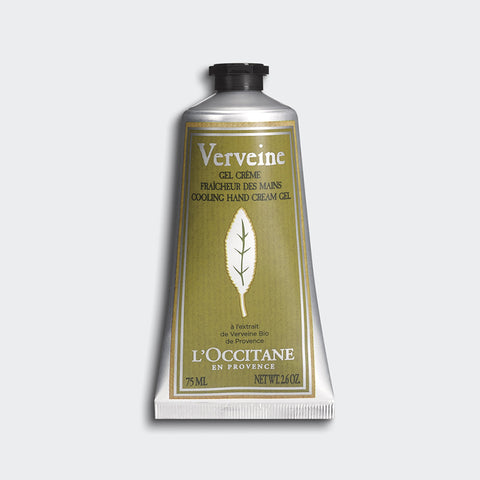Verbena Cooling Hand Cream by L’Occitane in silver tube with green label centrally framed on grey background