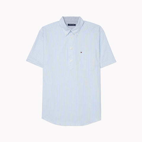 Ducal Stripe Shirt with thin vertical blue/white stripes by Tommy Hilfiger shown from the front on an off-white background.