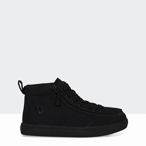 Black to the floor by Billy Footwear all black sneaker with easy access zipper with grey & white background