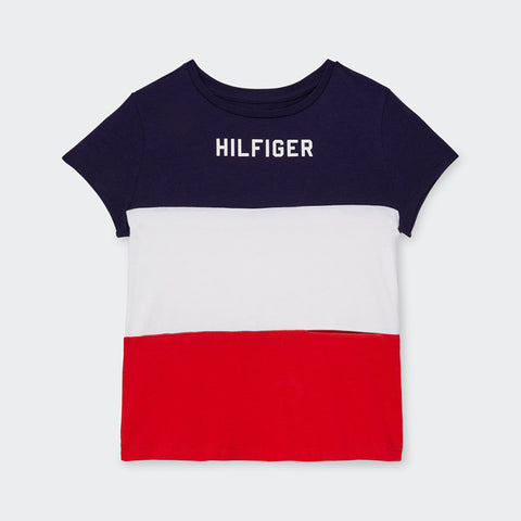 Malia Port Access tee in blue, white & red thick stripes with Hilfiger in bold font under the collar.