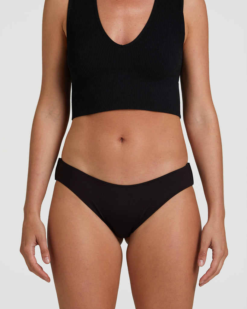 Alt text: Woman’s midsection wearing Tanga Panty in black & a black top with a grey background.