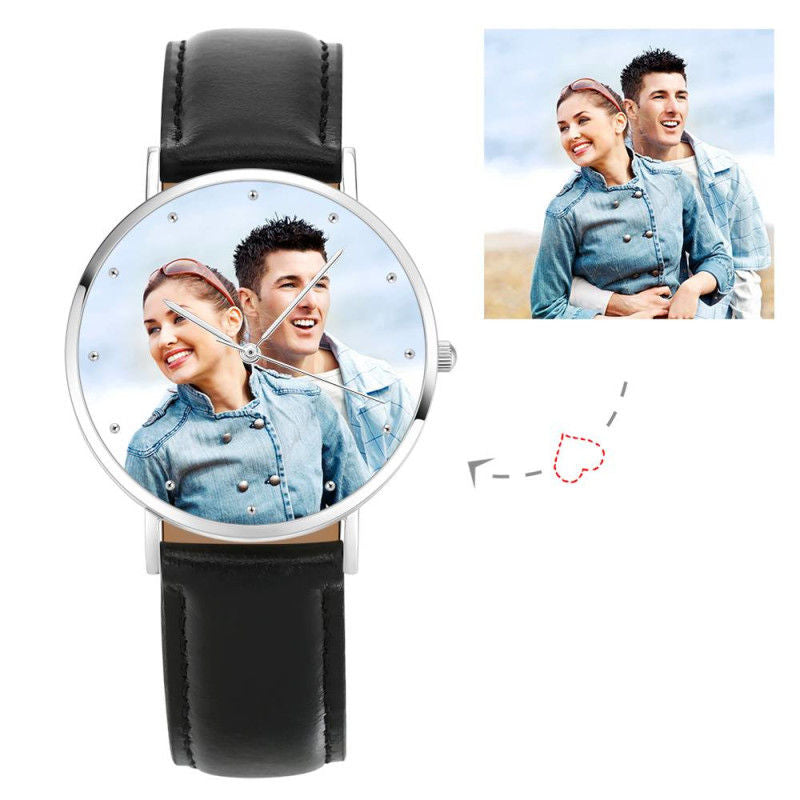 Father's Birthday Gift - Personalized Engraved Watch, Photo Watch With Black Leather Strap 40mm