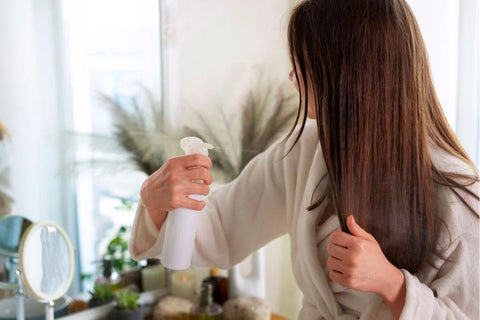 orang yang sedang memakai hair mist di depan cermin