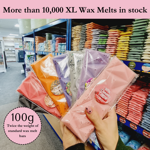 Image of Nuscents wax melts on storage display, showing the banner 'More than 10,000 wax melts in stock'.