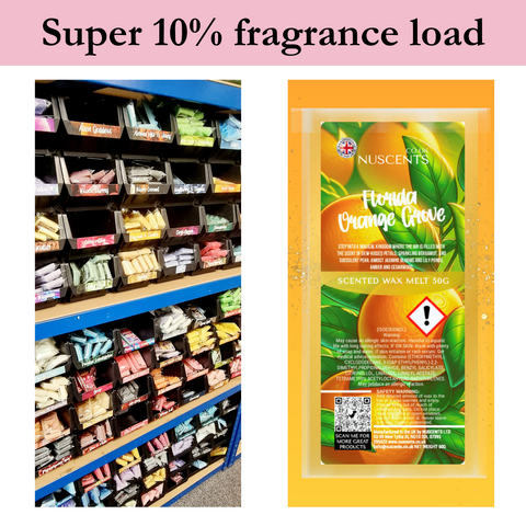 Super 10% fragrance load wax melt banner with Florida Orange Grove image and wax melt stock shelves image