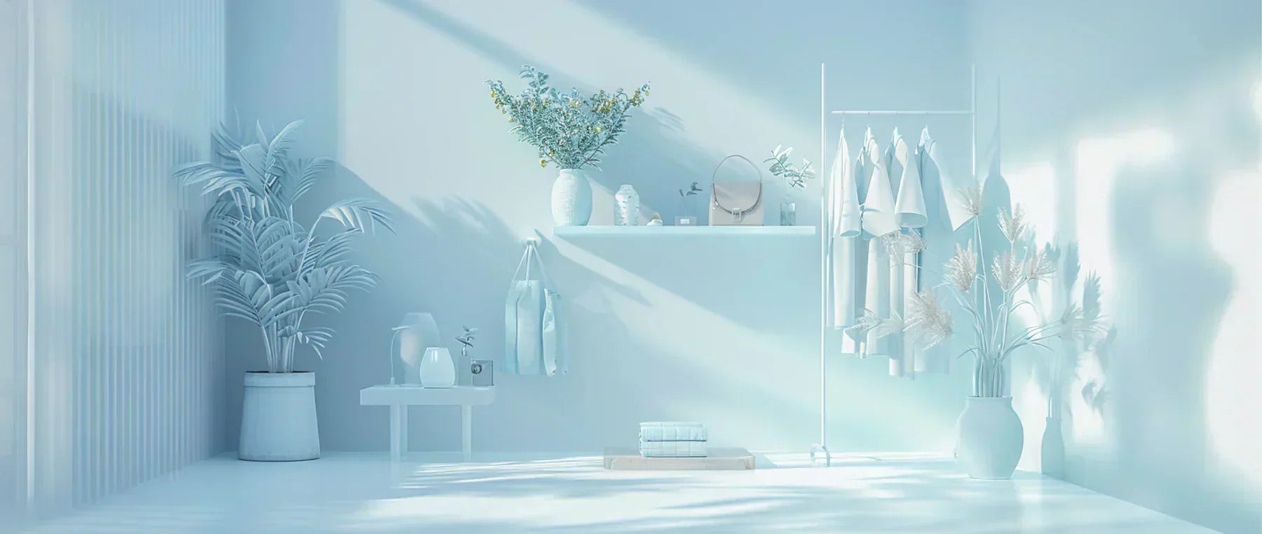image représentant un dépôt-vente tout en bleu ciel, avec des vêtements, des accessoires et des plantes