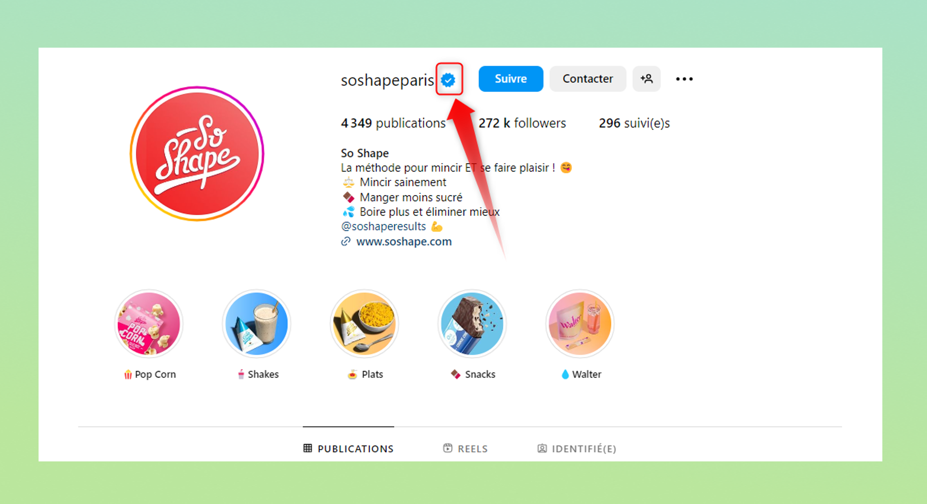 exemple de certification Instagram (badge bleu) sur la page de so shape