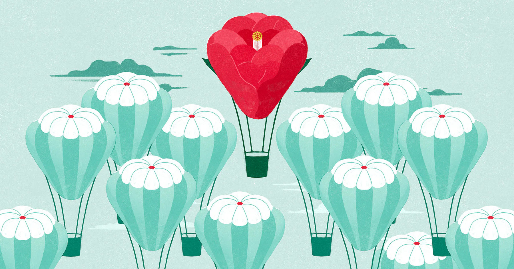 Illustration d'un ballon rouge s'élevant au-dessus d'autres ballons bleu clair, illustrant comment une unique selling proposition vous aide à vous démarquer de la concurrence