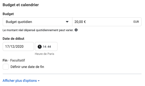 Budget et Calendrier sur Facebook 