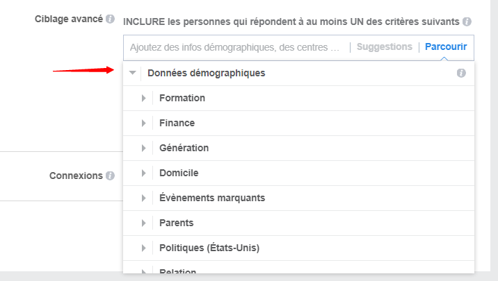 Ciblage données démographiques facebook