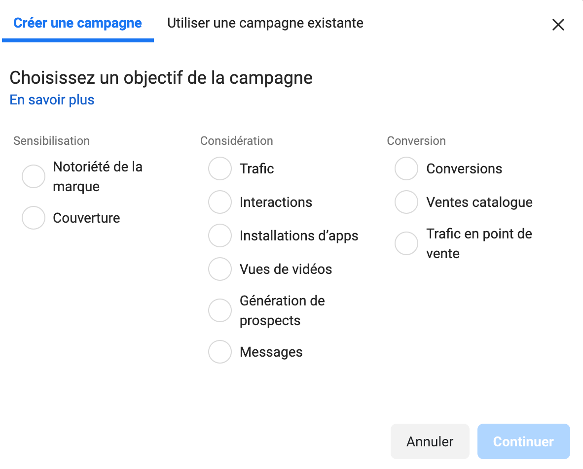 Objectif de campagne Facebook