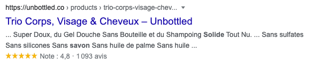 Exemple de Google snippets avec la marque Unbottled