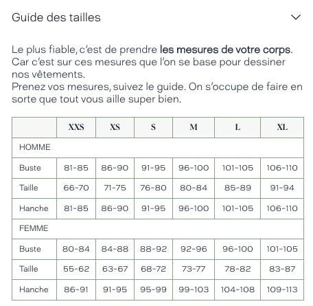 Exemple de guide des tailles