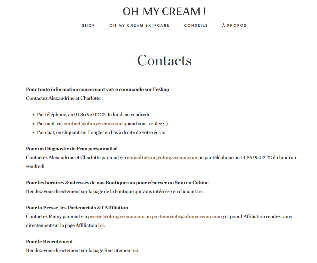 page contact marque Oh My Cream