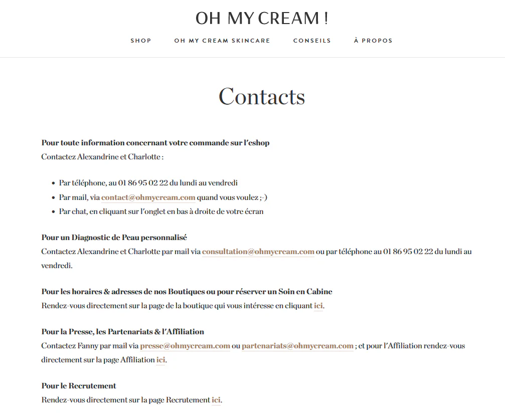 page contact marque Oh My Cream