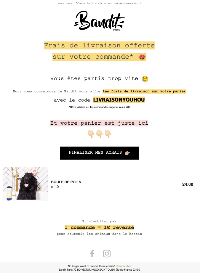 exemple e-mail panier abandonné Bandit