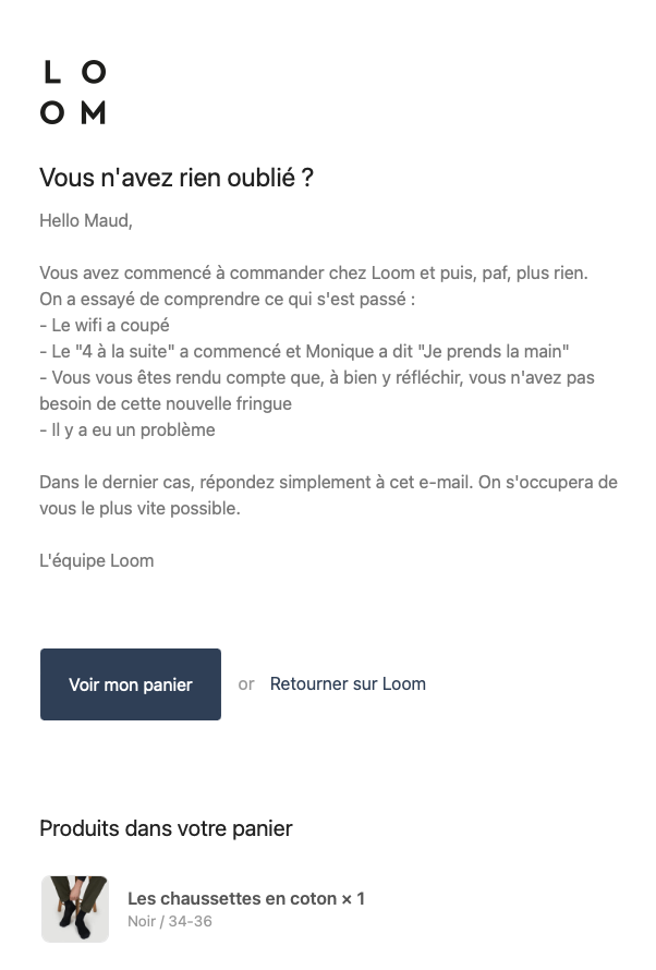 exemple e-mail relance panier Loom