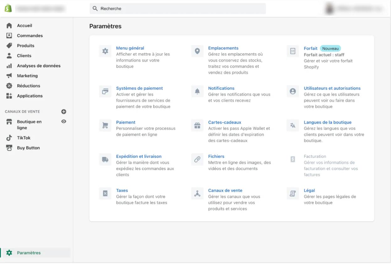 Paramètres de Shopify