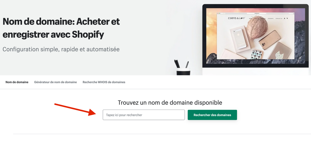 Page web Shopify où vous pouvez vérifier si un domaine est disponible et l'acheter