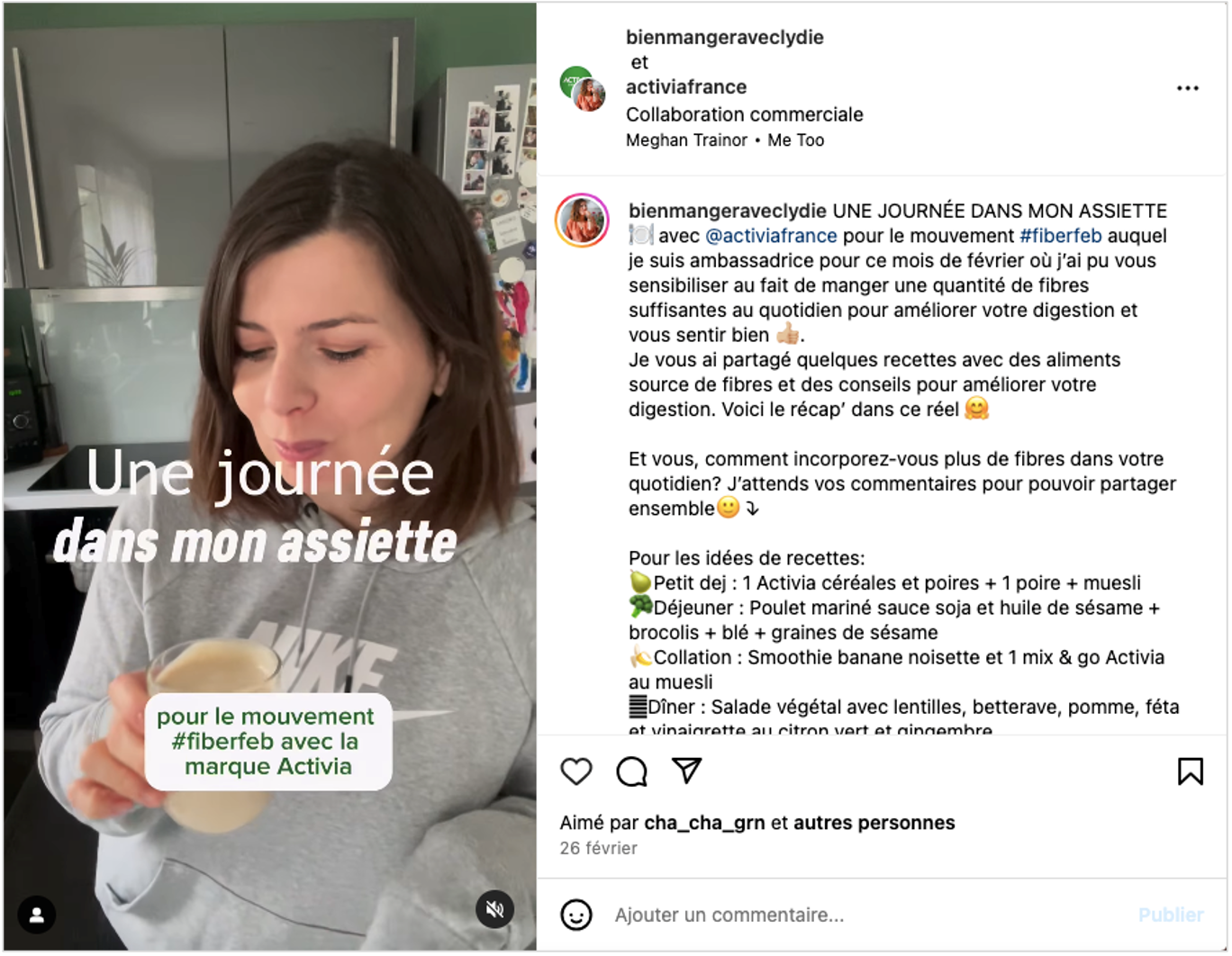 collaboration instagram entre activia et @bienmangeraveclydie