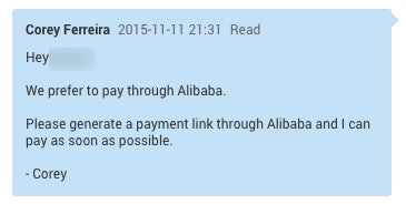 Alibaba message sur le paiement