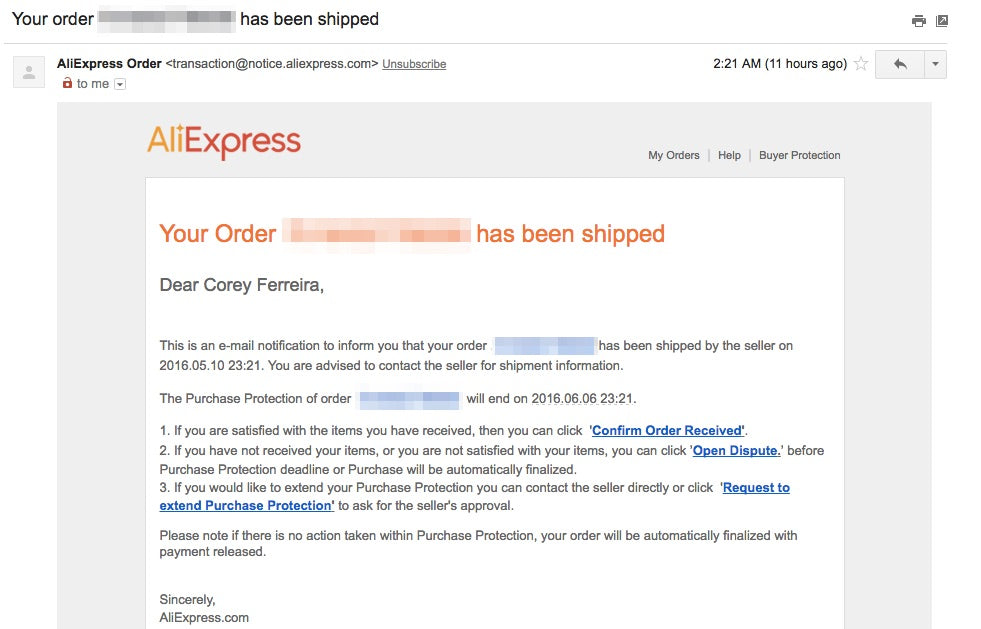 aliexpress e-mail expedition commande