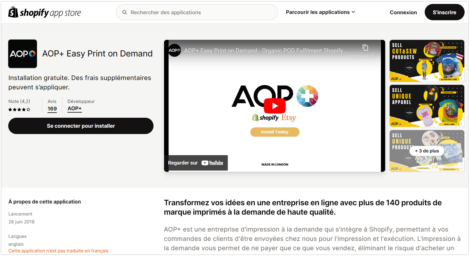 présentation d'aop : AOP+ est une entreprise d'impression à la demande qui s'intègre à Shopify
