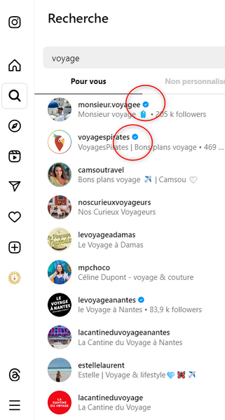 affichage du badge bleu dans une recherche instagram